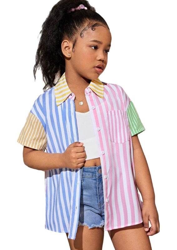 Photo 1 of Cozyease Girls' Color Block Short Sleeve Button Down Shirt Summer Casual Beach Striped Top Tee