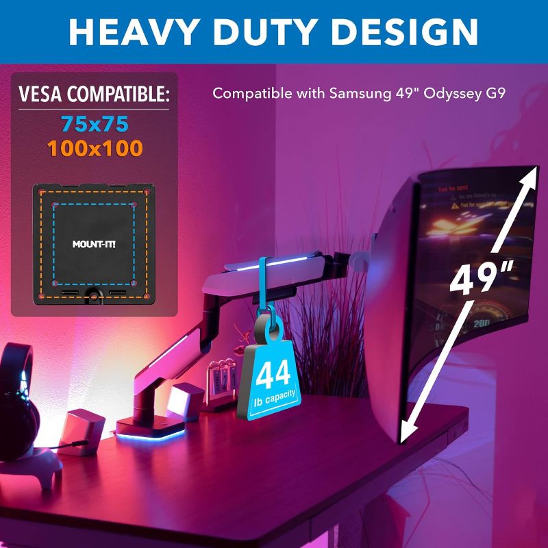 Photo 3 of Mount-It! Heavy-Duty Ultrawide Monitor Arm up to 49" / 44 lb for Samsung Odyssey G9, 75x75 and 100x100 VESA Desk Mount for Widescreen Curved Monitors, Gas Spring, RGB Lights, Clamp and Grommet