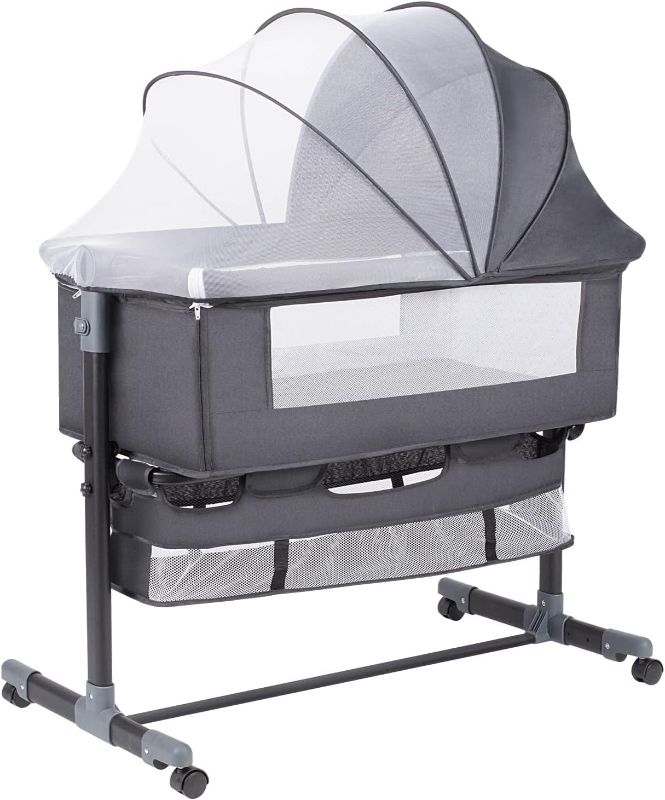 Photo 1 of GoFirst Bedside Bassinet for Baby, Bedside Sleeper with Wheels, Heigt Adjustable, with Mosquito Nets, Large Storage Bag, for Infant/Baby/Newborn (Grey)
