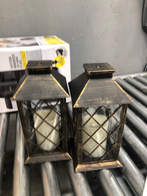 Photo 2 of 14" Golden Brushed Vintage Decorative Candle Lantern with 4 Hours Timer (Batteries Included) Hanging for Indoor&Outdoor Flameless Candles (Set of 2)