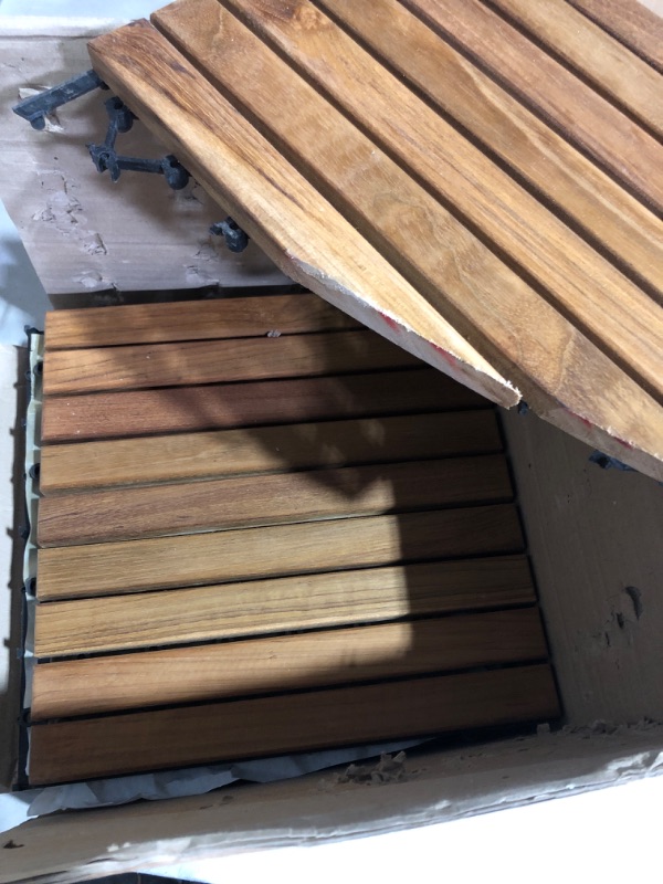 Photo 2 of * one tile is damaged * see all images * 
Bare Decor Solid Oiled Teak Wood Interlocking 9-Slat Flooring Tiles -