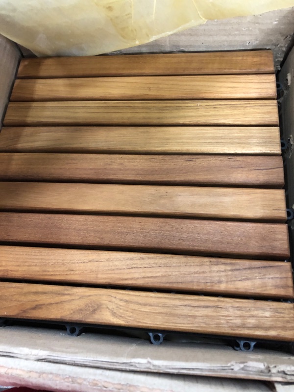 Photo 4 of * one tile is damaged * see all images * 
Bare Decor Solid Oiled Teak Wood Interlocking 9-Slat Flooring Tiles -