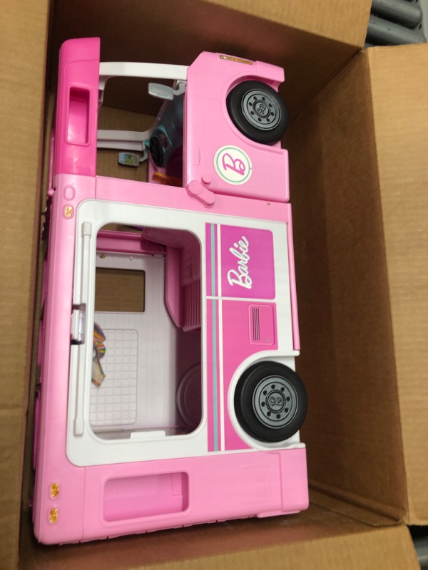 Photo 2 of Barbie Camper 3-in-1 DreamCamper Toy Playset Transforming Camper with Pool, Truck and Boat 60 Barbie Accessories Kids Toys and Gifts 3 in 1 Camper