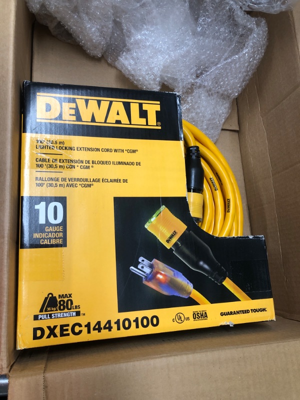 Photo 2 of DEWALT 100 Foot Extension CordLighted Click-to-Lock 10/3 SJTW -Heavy Duty Outdoor, Waterproof, Weatherproof, Heat & Corrosion Resistant Industrial Strength Light Up Three Prong Outlet Plug Power Cord 100 ft