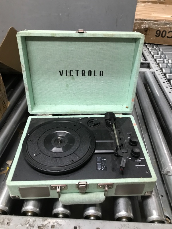 Photo 2 of Victrola Vintage 3-Speed Bluetooth Portable Suitcase Record Player with Built-in Speakers | Upgraded Turntable Audio Sound| Includes Extra Stylus | Light Mint Green Linen