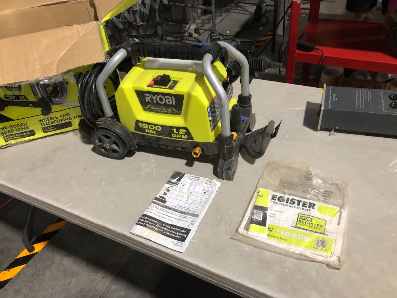 Photo 2 of ***USED AND DIRTY - POWERS ON - UNABLE TO TEST FURTHER***
RYOBI RY1419MTVNM 1900 PSI 1.2 GPM Cold Water Wheeled Electric Pressure Washer