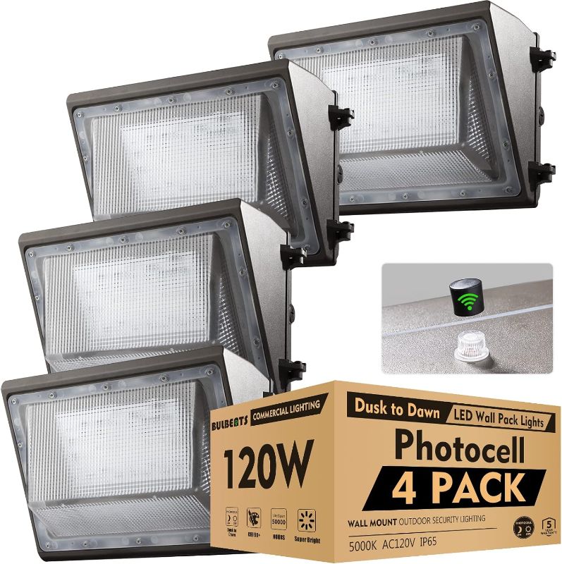 Photo 1 of bulbeats 120W LED Wall Pack Lights with Dusk to Dawn Photocell, [Eqv. 1020W MH/HPS] 5000K IP65 Waterproof Wall Mount Outdoor Security Lighting Fixture, Energy Saving Upto 4600KW*4/5Yrs(5Hrs/Day) 4Pack
