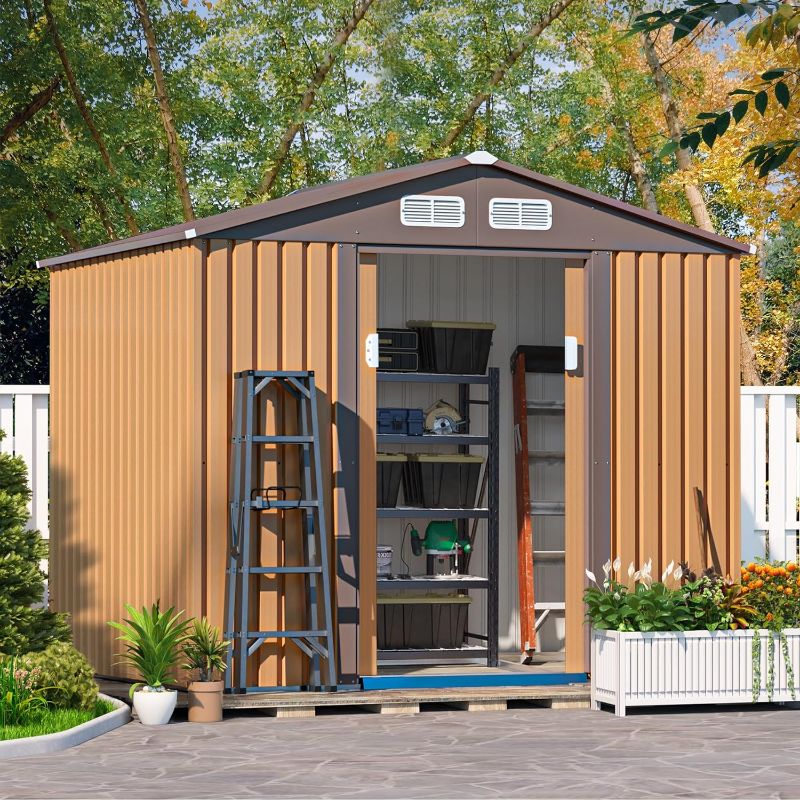 Photo 1 of ***PARTS ONLY*** HOGYME 8' x 6' Outdoor Storage Shed with Double Sliding Door and 4 Vents, Metal Garden Shed Tool Bike Shed Pet House Garbage Room for Backyard, Patio, Lawn, Coffee Brown
