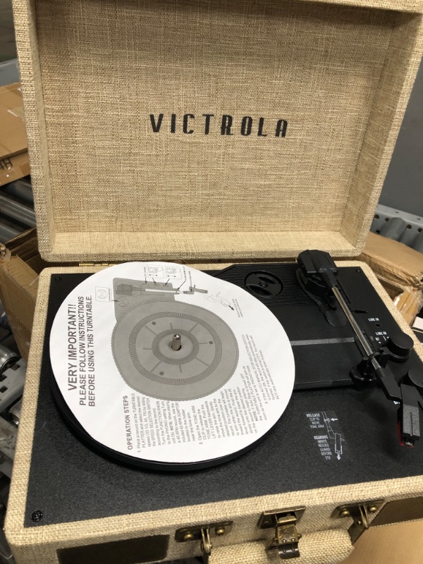 Photo 3 of Victrola Vintage 3-Speed Bluetooth Portable Suitcase Record Player with Built-in Speakers | Upgraded Turntable Audio Sound| Includes Extra Stylus | Light Beige Linen