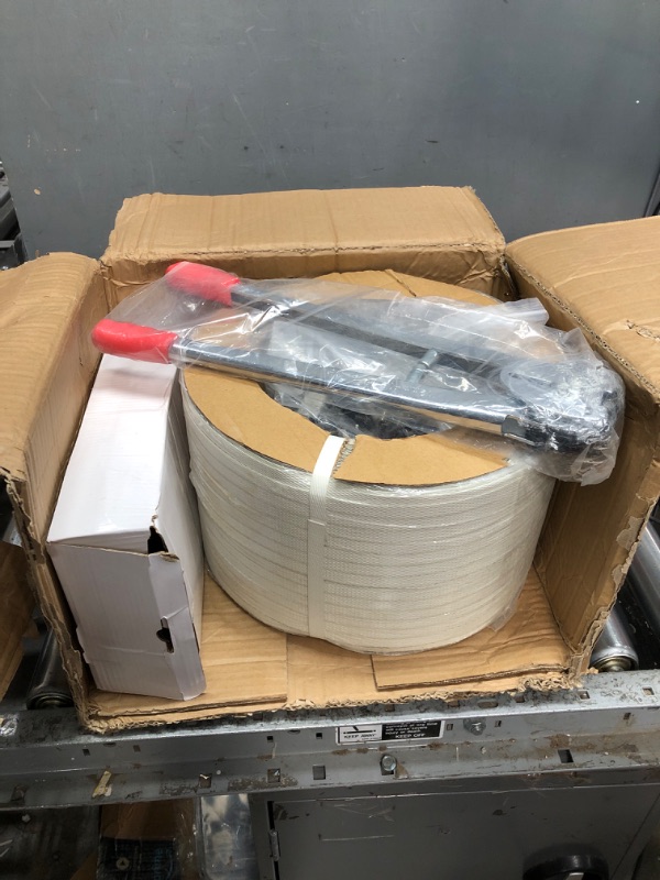 Photo 2 of Banding Strapping Kit, 4 in 1 Pallet Packaging Strapping Kit Tensioner Tool Sealer, 3280' Length x 1/2" Wide Plastic Poly Strapping Banding Supplies Material Tool Polypropylene Coil White