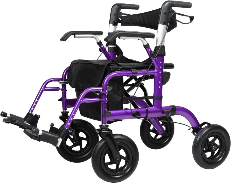 Photo 1 of  2 in 1 Rollator Walker & Transport Chair, Folding Wheelchair with All 10” Wheels for Seniors, Reversible Backrest & Detachable Footrests, Purple
