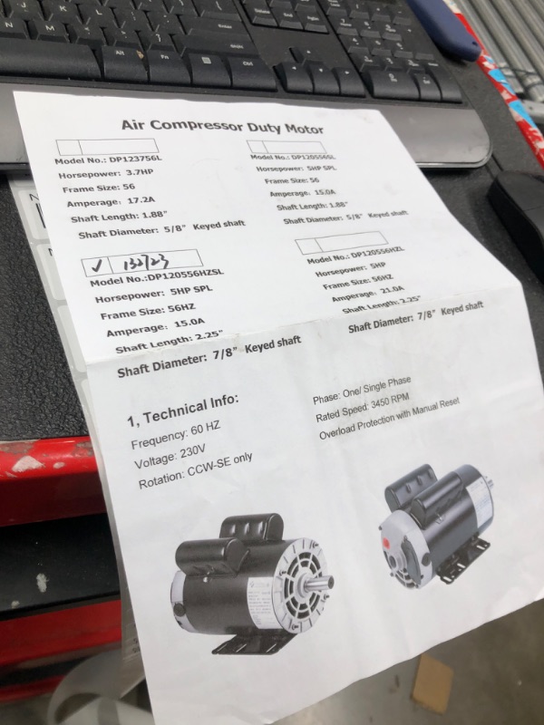 Photo 4 of 5SPL HP Air Compressor Motor Single Phase 3450RPM 56HZ Frame 7/8" Shaft Diameter