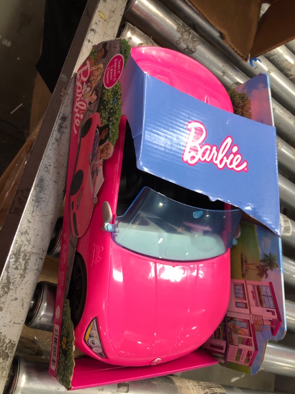 Photo 2 of Barbie Toy Car, Bright Pink 2-Seater Convertible with Seatbelts and Rolling Wheels, Realistic Details
