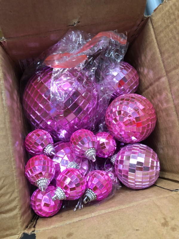 Photo 2 of 32 Pack Mini Disco Balls Decorations Different Sizes Mirror Ball with Hanging String Small Disco Ball Ornament for Disco Theme Party Cake Topper DJ Club Christmas Wedding Home Decor (Pink) Mixed Pink