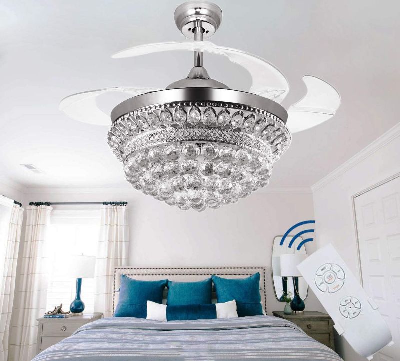 Photo 1 of (PARTS ONLY)Crystal Chandelier Fandelier Chrome Ceiling Fan 42 Inch with Retractable Invisible Blades and 3 Changing LED Light Color Ceiling Fan Light for Indoor, Living Room, Dining Room, Bedroom