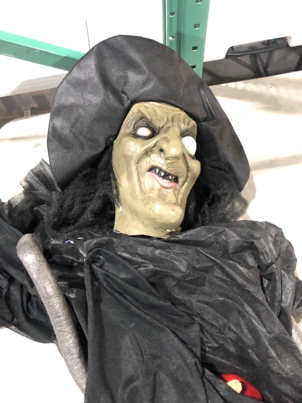 Photo 3 of Haunted Hill Farm Life-Size Animatronic Witch, Indoor/Outdoor Halloween Decoration, Flashing Red Eyes, Poseable, Battery-Operated 95" Standing Witch