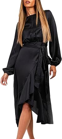 Photo 1 of 

BLENCOT Women's Satin Ruffle Hem Split Midi Dress Long Sleeve Wrap Front Tie Knot Formal Party Long Evening Dress Sm