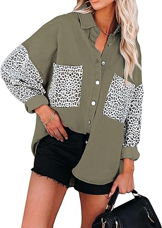 Photo 1 of Dokotoo Womens Contrast Leopard Denim Jacket Long Sleeve Button Down Shirts Boyfriend Oversized Blouses Tops XL