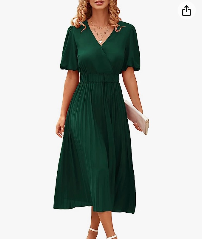 Photo 1 of PRETTYGARDEN Women's Summer Pleated Midi Dress Wrap V Neck Puff Sleeve Casual Ch
MED