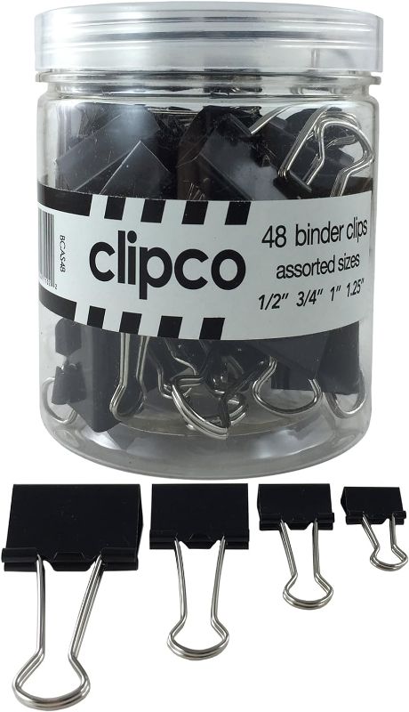 Photo 1 of Clipco Binder Clips Jar Assorted Sizes Micro Mini Small and Medium Black (48-Pack)