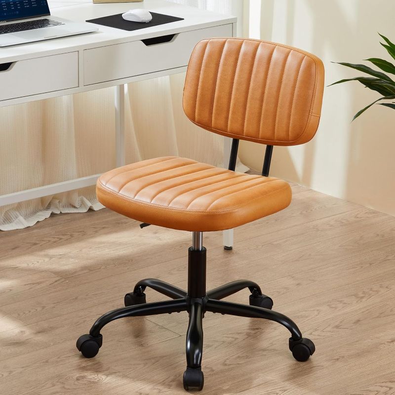 Photo 1 of USED** Sweetcrispy Armless Desk Home Office Wheels PU Leahter Low Back Vanity Lumbar Support, Adjustable Height 360° Rolling Swivel Computer Task Chair Without Arm for Small Space, Brown
