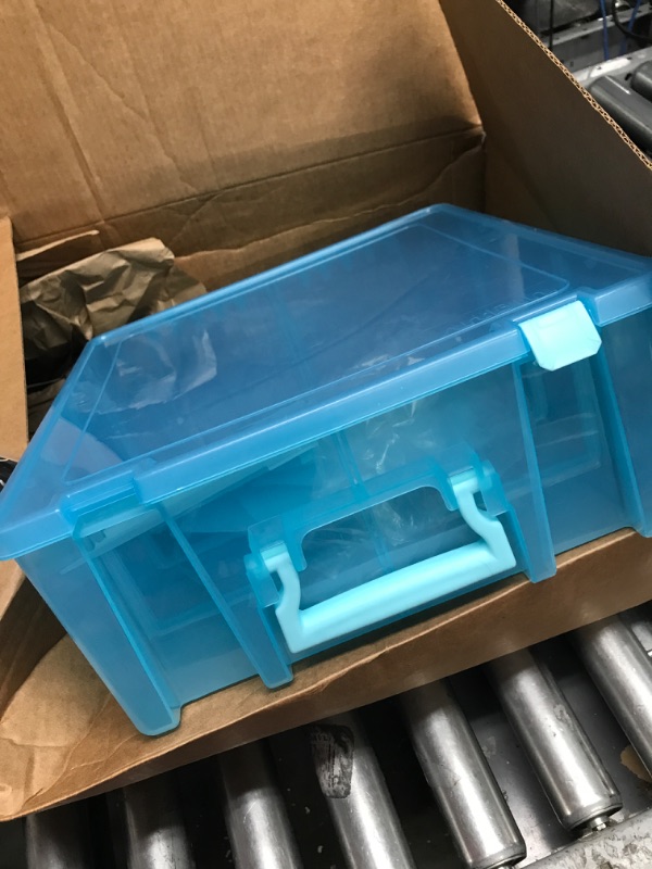 Photo 1 of 
light blue plastic storage box with divider walls

