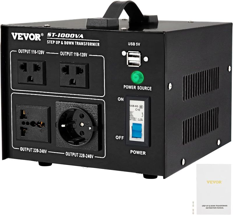 Photo 1 of VEVOR Voltage Converter Transformer,1000W Heavy Duty Step Up/Down Transformer Converter(240V to 110V, 110V to 240V),2 US&1 UK&1 Universal Outlet with Circuit Break Protection,5V USB Port,CE Certified
