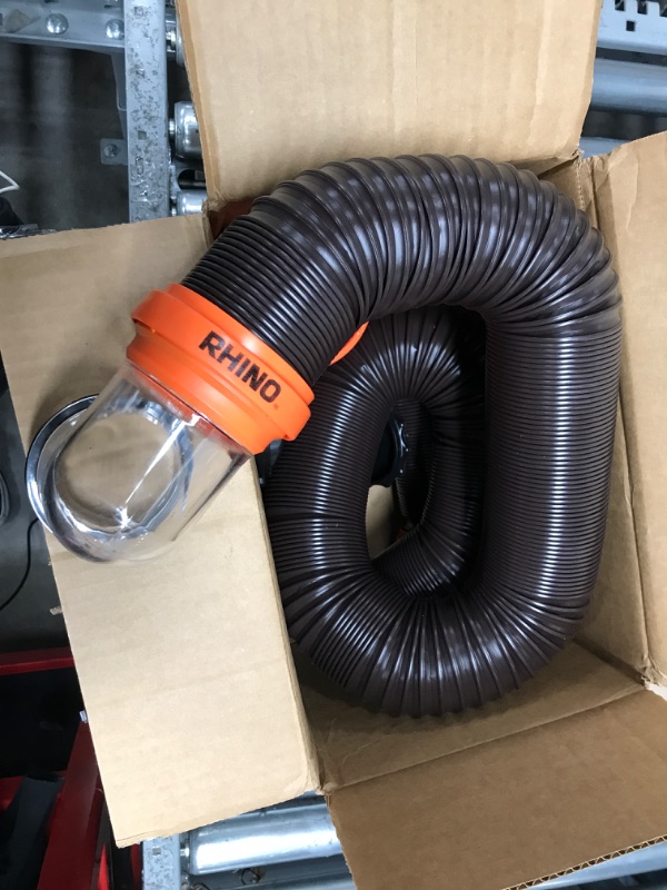 Photo 2 of Camco RhinoFLEX RV Sewer Hose Kit with Swivel Transparent Elbow and 4-in-1 Dump Station Fitting, Brown, 15 Feet (39770) 15ft Sewer Hose Kit Frustration-Free Packaging