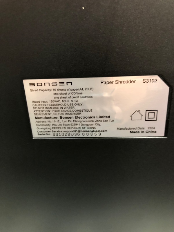 Photo 1 of BONSEN 15-Sheet Heavy Duty Paper Shredder for Office, 30-Minute Running Time Cross-Cut Shredder with 5.3-Gallon Pull Out Basket, Anti-Jam & Quiet Shredder for Home Office (S3102) 15-Sheet Cross-Cut