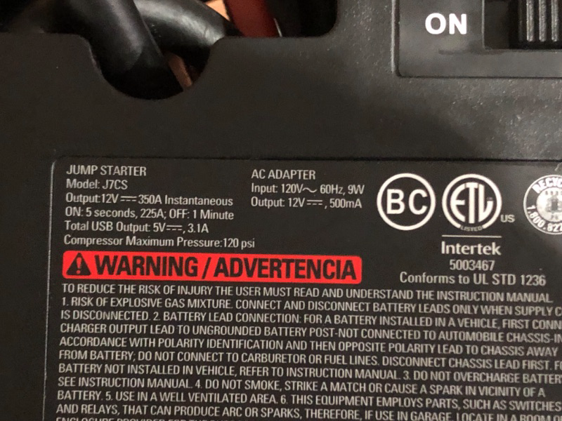 Photo 6 of * does not hold charge * sold for parts/repair *
STANLEY FATMAX J7CS Portable Power Station Jump Starter: 700 Peak/350 Instant Amps, 120 PSI Air Compressor