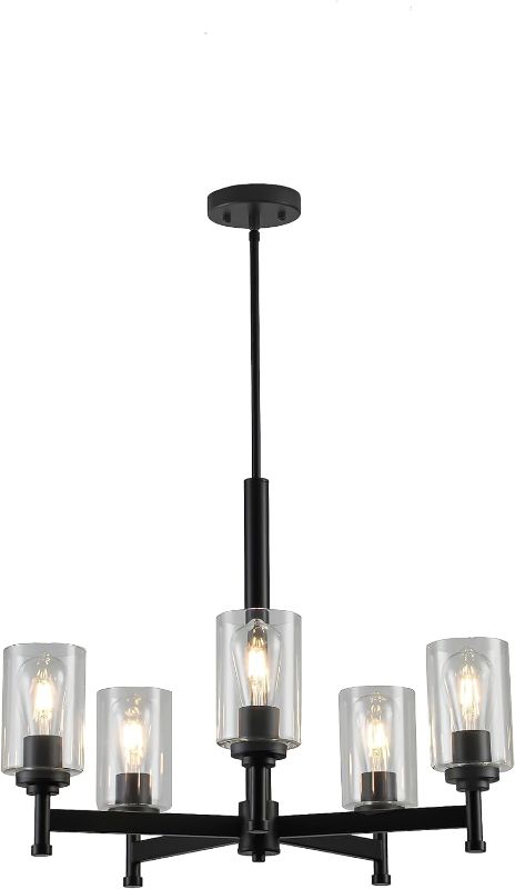 Photo 1 of 5-Light Chandelier for Dinning Room Modern Farmhouse Pendant Lighting with Clear Glass Shades Industrial Black Hanging Ceiling Light Fixture for Foyer Living Room, Height Adjustable