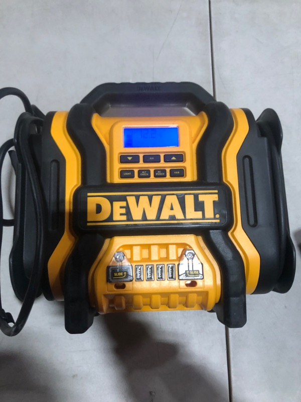 Photo 3 of *USED* PARTS ONLY* DEWALT DXAEPS14 1600 Peak Battery Amp 12V Automotive Jump Starter/Power Station with 500 Watt AC Power Inverter, 120 PSI Digital Compressor, and USB Power , Yellow