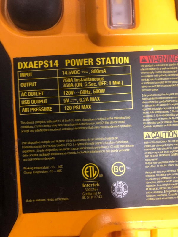 Photo 4 of *USED* PARTS ONLY* DEWALT DXAEPS14 1600 Peak Battery Amp 12V Automotive Jump Starter/Power Station with 500 Watt AC Power Inverter, 120 PSI Digital Compressor, and USB Power , Yellow