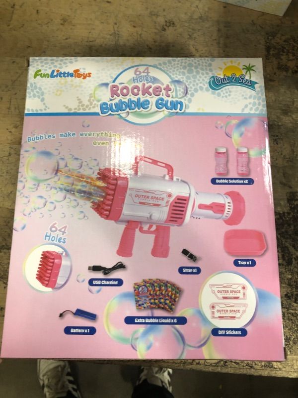 Photo 2 of FUN LITTLE TOYS Bazooka Bubble Gun 64 Holes Bubble Machine Gun with Colorful Lights Bubble Solution, Rocket Bubble Gun Bubble Blower Summer Activities for Kids Adults Outdoor Birthday Party Wedding