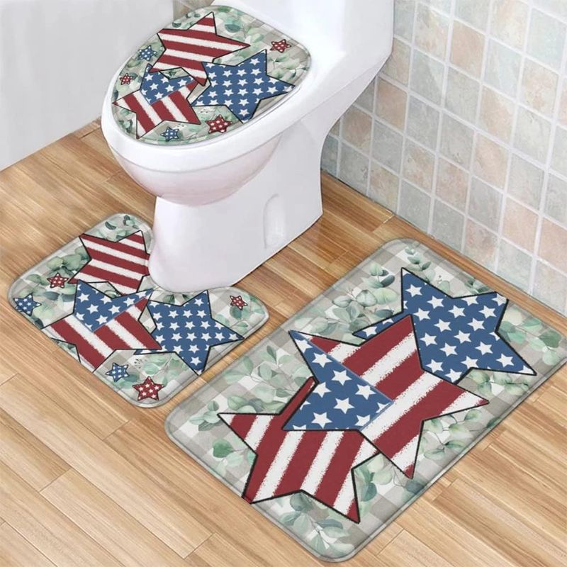 Photo 1 of 3 Piece 4th of July Patriotic Star Bath Rug and Mat Sets, Watercolor Eucalyptus Leaf Buffalo Plaid Non-Slip Bathroom Doormat Runner Rugs, Toilet Seat Cover, U-Shaped Toilet Floor Mat, Small