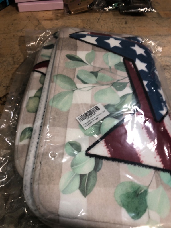 Photo 1 of 3 Piece 4th of July Patriotic Star Bath Rug and Mat Sets, Watercolor Eucalyptus Leaf Buffalo Plaid Non-Slip Bathroom Doormat Runner Rugs, Toilet Seat Cover, U-Shaped Toilet Floor Mat, Small