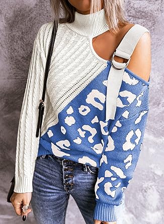 Photo 1 of Happy Sailed Womens Cold Shoulder Sweaters High Neck Long Sleeve Oversized Knitted Jumper Pullover Sweater Tops S-XL
