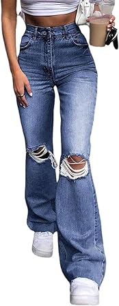 Photo 1 of GuYongZ Women's Jeans High Waist Hole Fashion Casual Street Style Bootcut Jeans  size m
