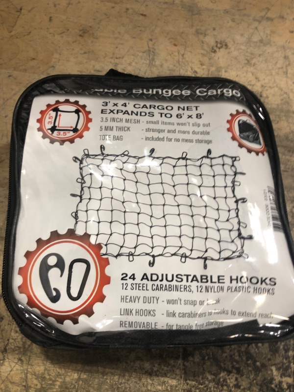 Photo 2 of Cargo Net for SUV - 3 x 4 Foot, Heavy-Duty, Mesh Square Bungee Netting with 12 Hooks, 12 Black Clips and Storage Bag - Holds Small and Large Loads 3' x 4' Black D-clips & black hooks