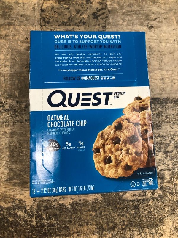 Photo 2 of *BEST BY 2/9/2024* Quest Nutrition Oatmeal Chocolate Chip Protein Bar, High Protein, Low Carb, Gluten Free, Keto Friendly, 12 Count
