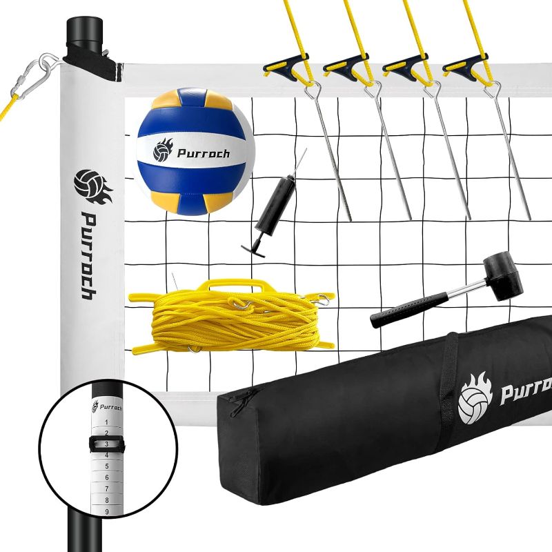 Photo 2 of Purroch Volleyball Net Outdoor, Anti-Sag Design, Adjustable Height Poles, Purroch Portable Volleyball Set with Carry Bag for Backyard and Beach, PU Volleyball 