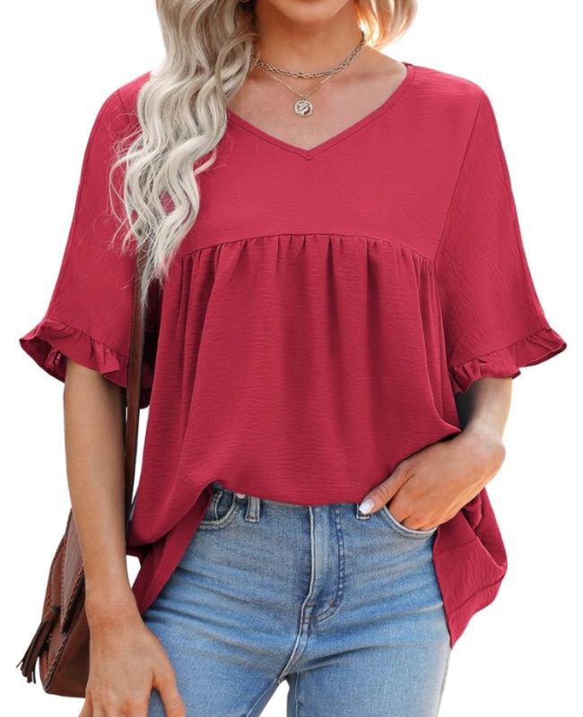 Photo 1 of GIBLY Women Short Sleeve V Neck Plain T Shirts Ruffle Trim Swing Loose Basic Tops