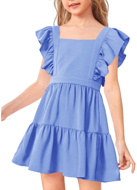 Photo 1 of Imily Bela Girls Square Neck Summer Dress Ruffle Sleeve A-line Swing Casual Party Mini Dresses 5-14 Years