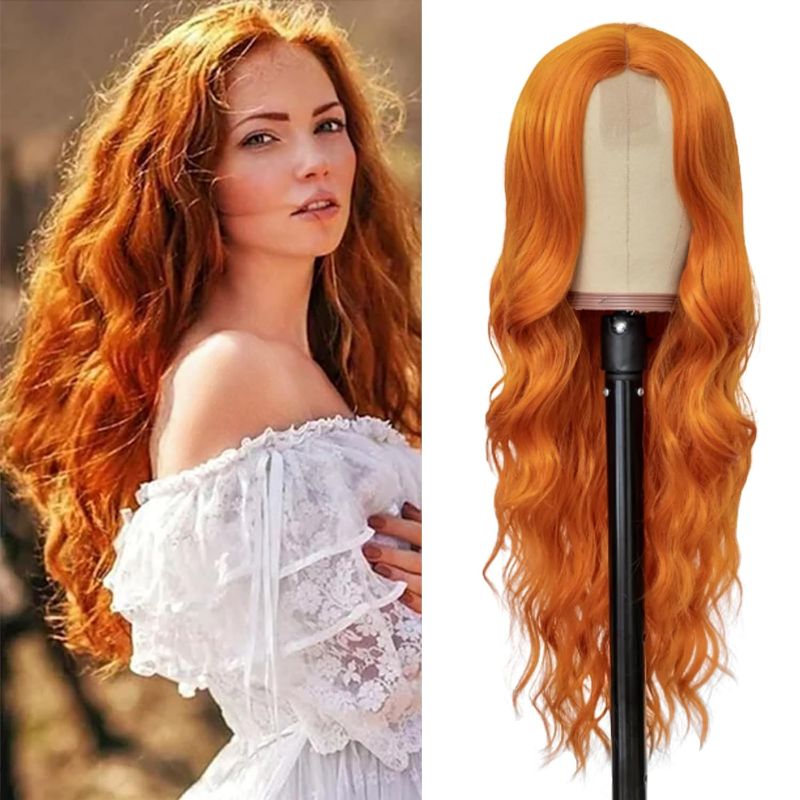 Photo 1 of HOSYTIS Orange Wig - Long Orange Wave Wig For Women 28 Inches Heat Synthetic Wig Hair Replacement Wig for Daily Use Halloween Cosplay Wig (28in, Orange) 