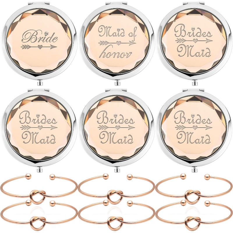 Photo 1 of 6 Pack Bridesmaid Gifts Set Include 1 Bride 1 Maid of Honor 4 Bridesmaid Pocket Compact Makeup Mirrors and 6 Pack Love Knot Bracelets for Bachelorette Party