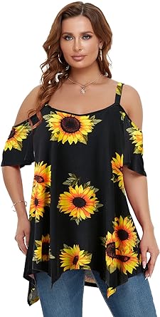 Photo 1 of LARACE Cold Shoulder Tops for Women Plus Size Blouses Short Sleeve Shirts Casual Summer Clothes Hollow Out Tunic