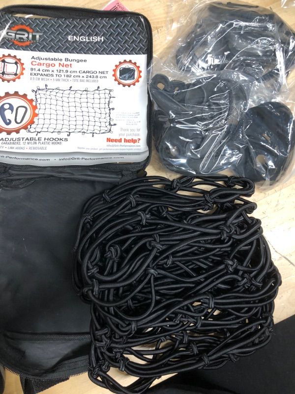 Photo 1 of Cargo Net for SUV - 3 x 4 Foot, Heavy-Duty, Mesh Square Bungee Netting with 12 Hooks, 12 Black Clips and Storage Bag - Holds Small and Large Loads 3' x 4' Black D-clips & black hooks