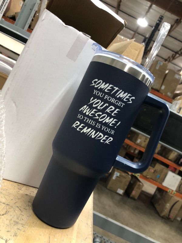 Photo 2 of Sometimes You Forget You're Awesome Mug, Inspirational Gifts 40 oz Tumbler with Handle, Birthday Gifts for Men Navy Blue Thermos Cup, Holiday Gifts for Him Dad Husband Boyfriend