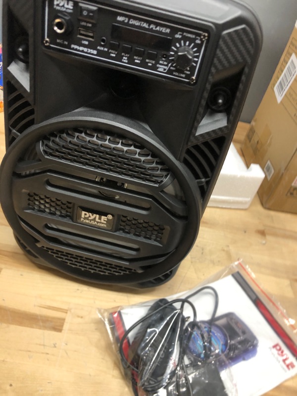 Photo 2 of Portable Bluetooth PA Speaker System - 300W Rechargeable Outdoor Bluetooth Speaker Portable PA System w/ 8” Subwoofer 1” Tweeter, Microphone In, Party Lights, MP3/USB, Radio, Remote - Pyle PPHP835B