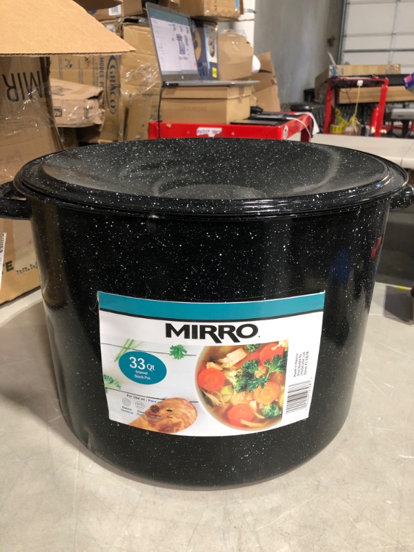 Photo 2 of * damaged * 
Mirro Traditional Vintage Style Black Speckled Enamel on Steel Stock Pot with Lid, 33 Quart, (MIR-10708) 33 Quart Black